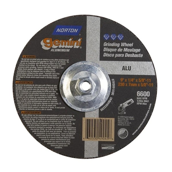 Norton Co Grinding Wheel, Depressed Cntr, Type 27 - Aluminum - Gemini Alu Ox, 9 x 1/4 x 5/8-11, Max RPM: 6600 662530-49045 - main